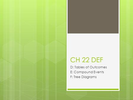 CH 22 DEF D: Tables of Outcomes E: Compound Events F: Tree Diagrams.