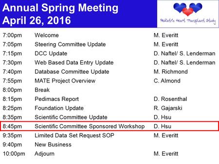 Annual Spring Meeting April 26, 2016 7:00pmWelcomeM. Everitt 7:05pmSteering Committee UpdateM. Everitt 7:15pmDCC UpdateD. Naftel/ S. Lenderman 7:30pmWeb.