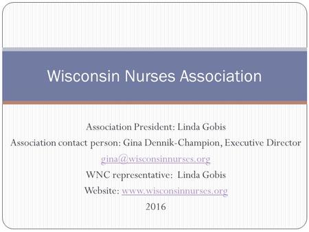 Association President: Linda Gobis Association contact person: Gina Dennik-Champion, Executive Director WNC representative: Linda.