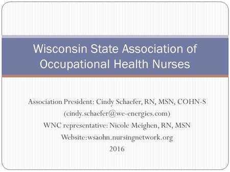 Association President: Cindy Schaefer, RN, MSN, COHN-S WNC representative: Nicole Meighen, RN, MSN Website:wsaohn.nursingnetwork.org.