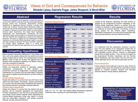 Nikolette Lipsey, Gabrielle Pogge, James Shepperd, & Wendi Miller Abstract What are the consequences of believing in loving God versus a punitive God?