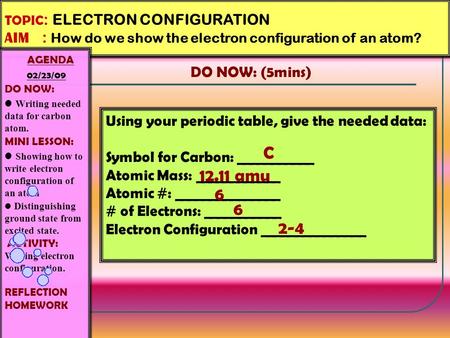 DO NOW: (5mins) TOPIC : Reorientation/ Setting up Renzulli Learning Profile AIM : How do set up our Individual Learning Profile ? TOPIC : ELECTRON CONFIGURATION.