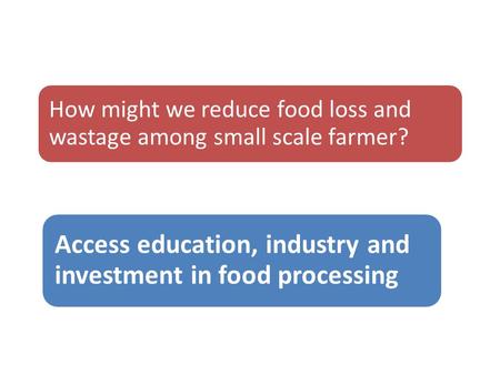 How might we reduce food loss and wastage among small scale farmer? Access education, industry and investment in food processing.