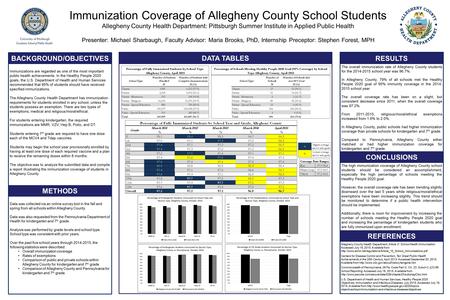 The overall immunization rate of Allegheny County students for the 2014-2015 school year was 96.7%. In Allegheny County, 79% of all schools met the Healthy.