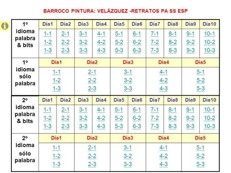 BARROCO PINTURA: VELÁZQUEZ -RETRATOS PA SS ESP 1 o idioma palabra & bits Día1Día2Día3Día4Día5Día6Día7Día8Día9Día10 1-1 1-2 1-3 2-1 2-2 2-3 3-1 3-2 3-3.