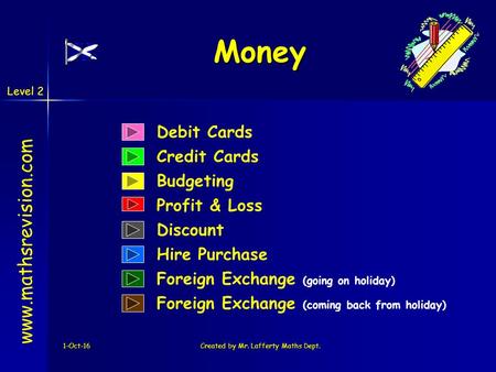 Level 2 1-Oct-16Created by Mr. Lafferty Maths Dept. Debit Cards Credit Cards Money  Budgeting Profit & Loss Discount Hire Purchase.