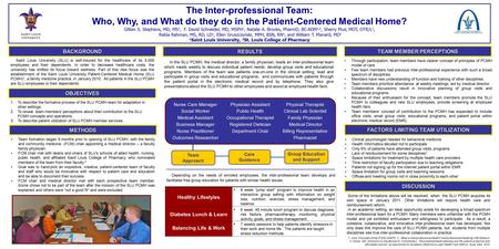 The Inter-professional Team: Who, Why, and What do they do in the Patient-Centered Medical Home? Gillian S. Stephens, MD, MS 1, F. David Schneider, MD,