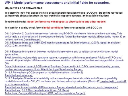 WP11 Model performance assessment and initial fields for scenarios. Objectives and deliverables To determine, how well biogeochemical ocean general circulation.