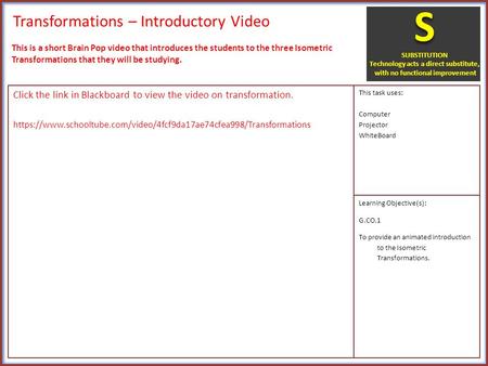 Transformations – Introductory Video Click the link in Blackboard to view the video on transformation. https://www.schooltube.com/video/4fcf9da17ae74cfea998/Transformations.