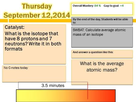 By the end of the day, Students will be able to: What is the average atomic mass? SWBAT: Calculate average atomic mass of an isotope Catalyst: What is.