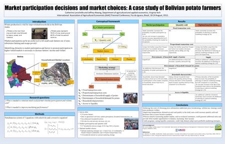 Data Survey data : 354 potato farmers Data on agricultural activities, market participation, household characteristics, etc. Geo-referenced household location.