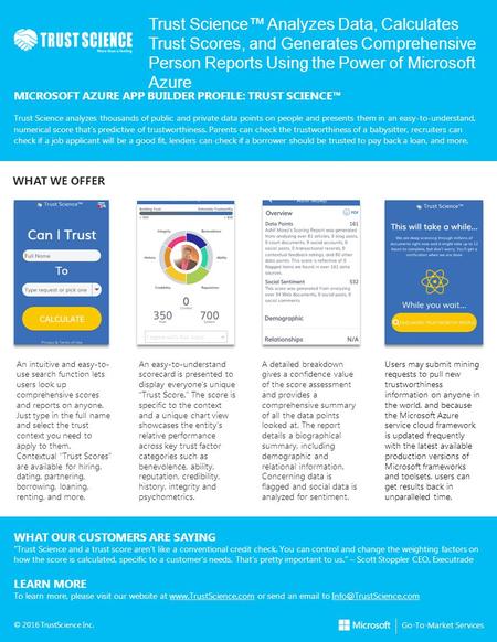 Trust Science™ Analyzes Data, Calculates Trust Scores, and Generates Comprehensive Person Reports Using the Power of Microsoft Azure MICROSOFT AZURE APP.