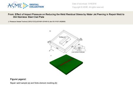 Date of download: 9/18/2016 Copyright © ASME. All rights reserved. From: Effect of Impact Pressure on Reducing the Weld Residual Stress by Water Jet Peening.