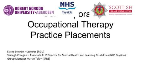 Contemporary Occupational Therapy Practice Placements Elaine Stewart –Lecturer (RGU) Shelagh Creegan – Associate AHP Director for Mental Health and Learning.