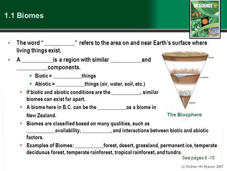 (c) McGraw Hill Ryerson 2007 1.1 Biomes The word “___________” refers to the area on and near Earth’s surface where living things exist. A ___________is.