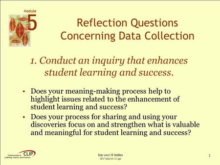 May 2007 © InSites Module 5 CP.07.M5p140.5-21.ppt 1 Reflection Questions Concerning Data Collection Does your meaning-making process help to highlight.