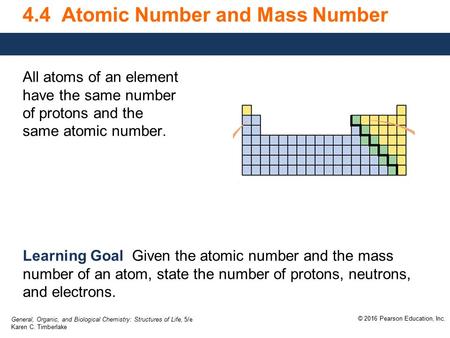 General, Organic, and Biological Chemistry: Structures of Life, 5/e Karen C. Timberlake © 2016 Pearson Education, Inc. 4.4 Atomic Number and Mass Number.