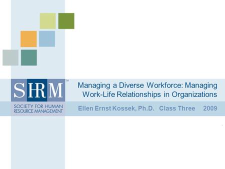 Managing a Diverse Workforce: Managing Work-Life Relationships in Organizations Ellen Ernst Kossek, Ph.D. Class Three 2009.