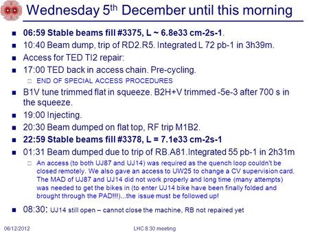 Wednesday 5 th December until this morning 06:59 Stable beams fill #3375, L ~ 6.8e33 cm-2s-1. 10:40 Beam dump, trip of RD2.R5. Integrated L 72 pb-1 in.