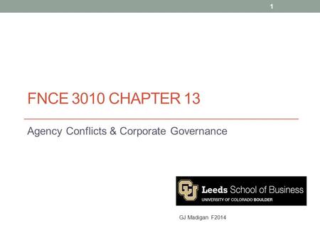 FNCE 3010 CHAPTER 13 Agency Conflicts & Corporate Governance 1 GJ Madigan F2014.