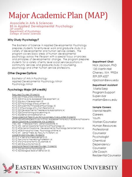 Major Academic Plan (MAP) Why Study Psychology? The Bachelor of Science in Applied Developmental Psychology prepares students for entry-level work and.