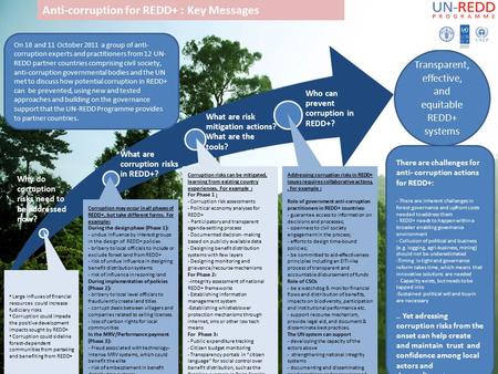 Why do corruption risks need to be addressed now? What are corruption risks in REDD+? What are risk mitigation actions? What are the tools? Who can prevent.