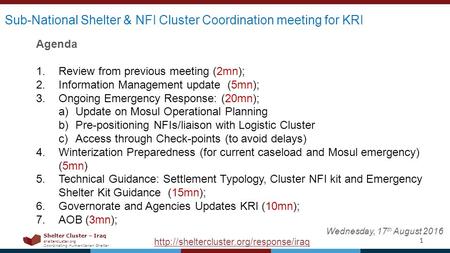 Shelter Cluster – Iraq sheltercluster.org Coordinating Humanitarian Shelter 1  Sub-National Shelter & NFI Cluster.