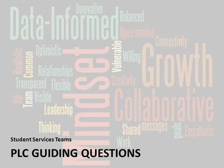 PLC GUIDING QUESTIONS Student Services Teams. Norms for Our Work If you think it, say it respectfully. Ask questions. Take care of your neighbor. Take.