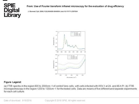 Date of download: 9/19/2016 Copyright © 2016 SPIE. All rights reserved. (a) FTIR spectra in the region 600 to 2000cm−1 of control Vero cells, with cells.