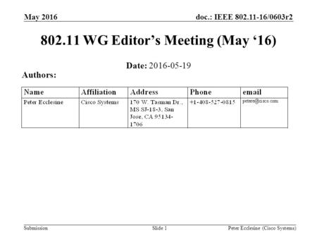 Submission doc.: IEEE 802.11-16/0603r2 Slide 1 802.11 WG Editor’s Meeting (May ‘16) Date: 2016-05-19 Authors: Peter Ecclesine (Cisco Systems) May 2016.