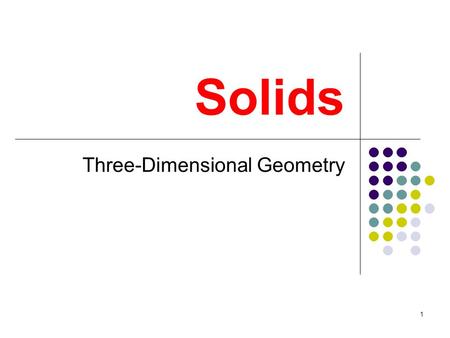 1 Solids Three-Dimensional Geometry. 2 Prisms A prism is a three-dimensional solid with two congruent and parallel polygons called the bases. The lateral.