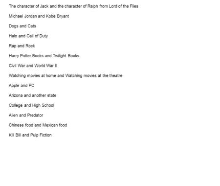 The character of Jack and the character of Ralph from Lord of the Flies Michael Jordan and Kobe Bryant Dogs and Cats Halo and Call of Duty Rap and Rock.