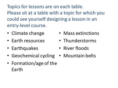 Topics for lessons are on each table. Please sit at a table with a topic for which you could see yourself designing a lesson in an entry-level course.