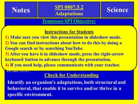 Tennessee SPI Objective: Analyze structural, behavioral, and physiological adaptations to predict which populations are likely to survive in a particular.