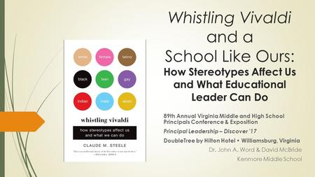 Whistling Vivaldi and a School Like Ours: How Stereotypes Affect Us and What Educational Leader Can Do 89th Annual Virginia Middle and High School Principals.