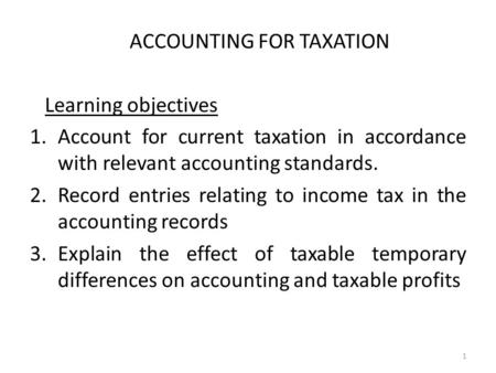 ACCOUNTING FOR TAXATION Learning objectives 1.Account for current taxation in accordance with relevant accounting standards. 2.Record entries relating.