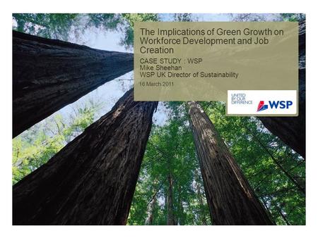 The Implications of Green Growth on Workforce Development and Job Creation CASE STUDY : WSP Mike Sheehan WSP UK Director of Sustainability 16 March 2011.