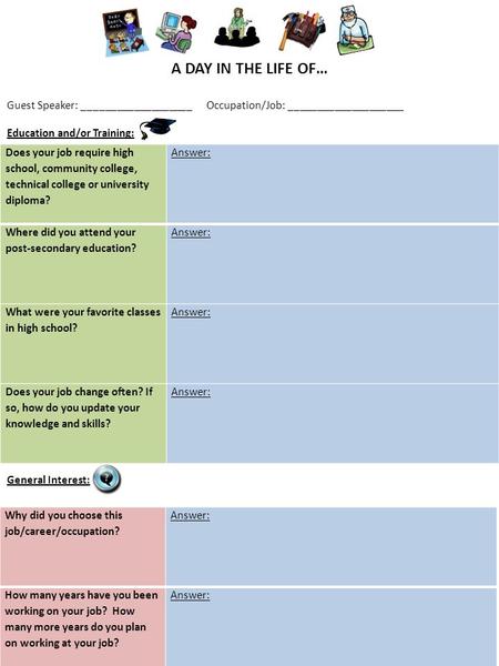 A DAY IN THE LIFE OF… Guest Speaker: ___________________Occupation/Job: ____________________ Education and/or Training: General Interest: Does your job.