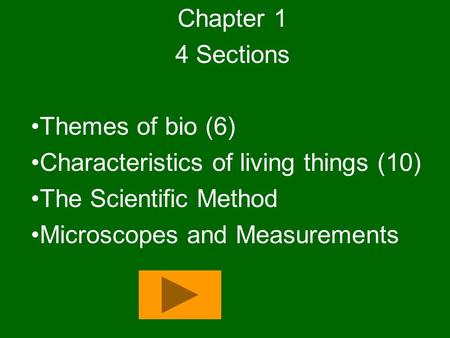 Chapter 1 4 Sections Themes of bio (6) Characteristics of living things (10) The Scientific Method Microscopes and Measurements.