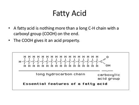 Fatty Acid A fatty acid is nothing more than a long C-H chain with a carboxyl group (COOH) on the end. The COOH gives it an acid property.