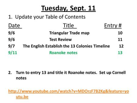 Tuesday, Sept. 11 1. Update your Table of Contents DateTitleEntry # 9/6Triangular Trade map10 9/6Test Review11 9/7 The English Establish the 13 Colonies.