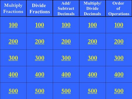 200 300 400 500 100 200 300 400 500 100 200 300 400 500 100 200 300 400 500 100 200 300 400 500 Multiply Fractions Divide Fractions Add/ Subtract Decimals.