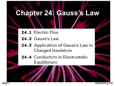 Slide 1Fig 24-CO, p.737 Chapter 24: Gauss’s Law. Slide 2 INTRODUCTION: In the preceding chapter we showed how to use Coulomb’s law to calculate the electric.