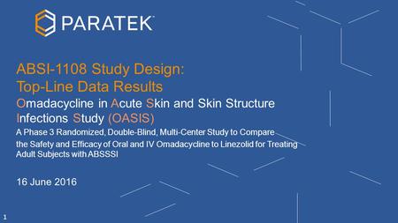 Omadacycline in Acute Skin and Skin Structure Infections Study (OASIS) A Phase 3 Randomized, Double-Blind, Multi-Center Study to Compare the Safety and.