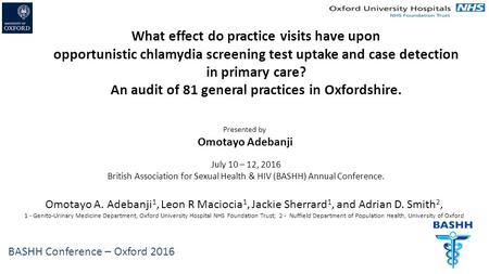 BASHH Conference – Oxford 2016 July 10 – 12, 2016 British Association for Sexual Health & HIV (BASHH) Annual Conference. What effect do practice visits.