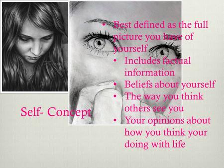 Self- Concept Best defined as the full picture you have of yourself Includes factual information Beliefs about yourself The way you think others see you.