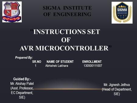 “ INSTRUCTIONS SET OF AVR MICROCONTROLLER ” SIGMA INSTITUTE OF ENGINEERING Prepared By: SR.NO NAME OF STUDENT ENROLLMENT 1 Abhishek Lakhara 130500111007.