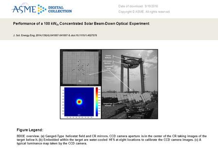 Date of download: 9/19/2016 Copyright © ASME. All rights reserved. Performance of a 100 kW th Concentrated Solar Beam-Down Optical Experiment J. Sol. Energy.