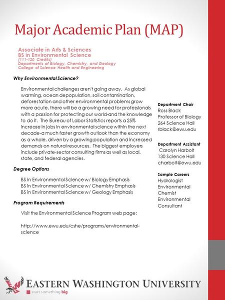 Major Academic Plan (MAP) Why Environmental Science? Environmental challenges aren't going away. As global warming, ocean depopulation, soil contamination,