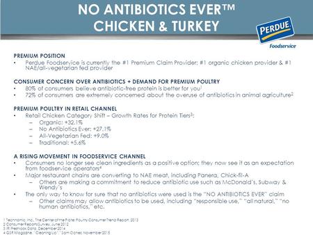 NO ANTIBIOTICS EVER™ CHICKEN & TURKEY PREMIUM POSITION Perdue Foodservice is currently the #1 Premium Claim Provider: #1 organic chicken provider & #1.